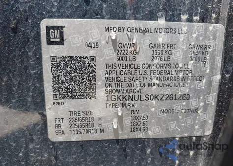 2019 GMC Acadia Slt-1 z USA, uszkodzony, nr VIN 1GKKNULS0KZ261260